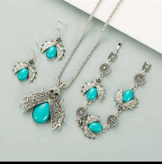 Teal butterfly necklace earrings and bracelets set